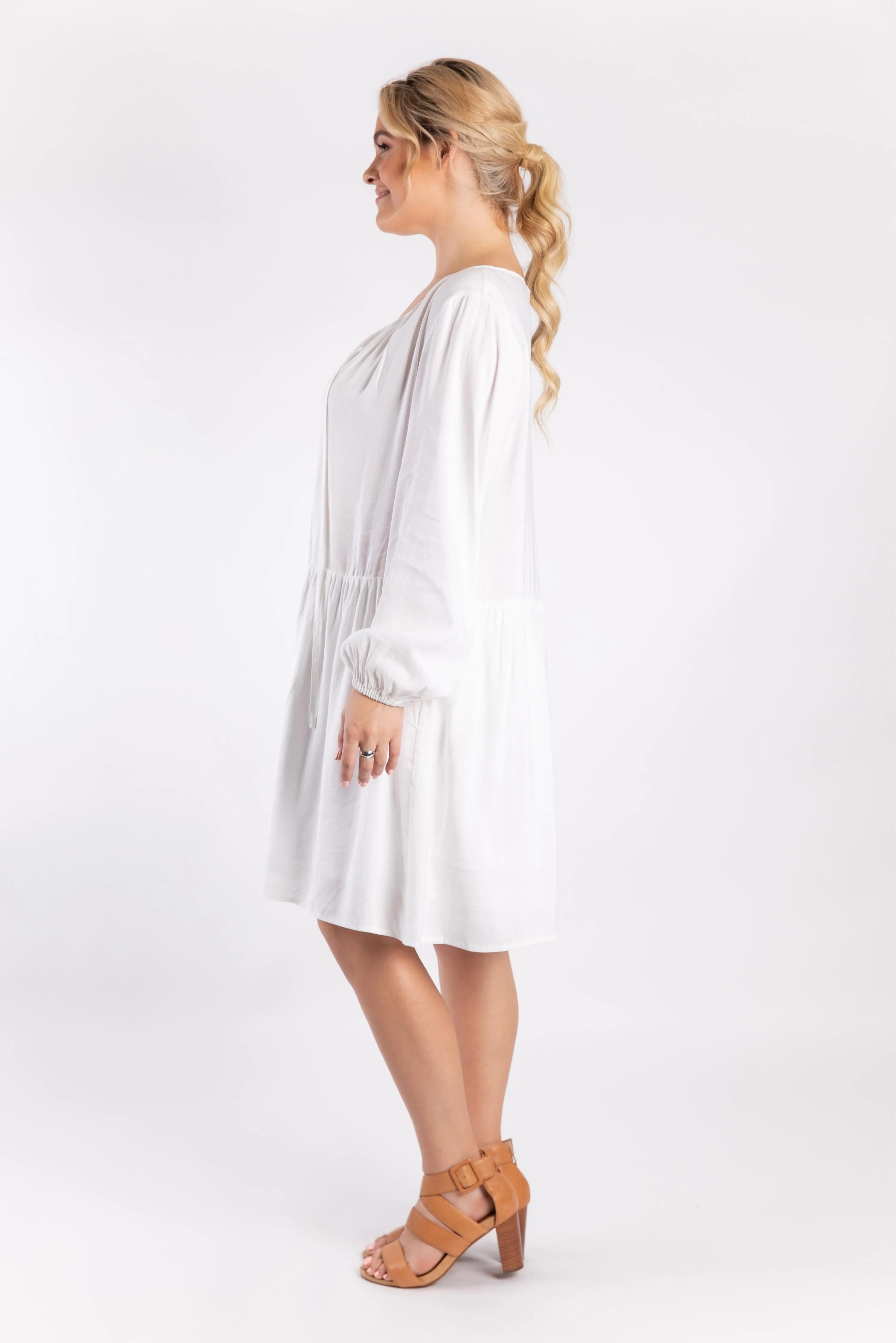 Long Sleeve Tie Front Midi Dress | White | FINAL SALE