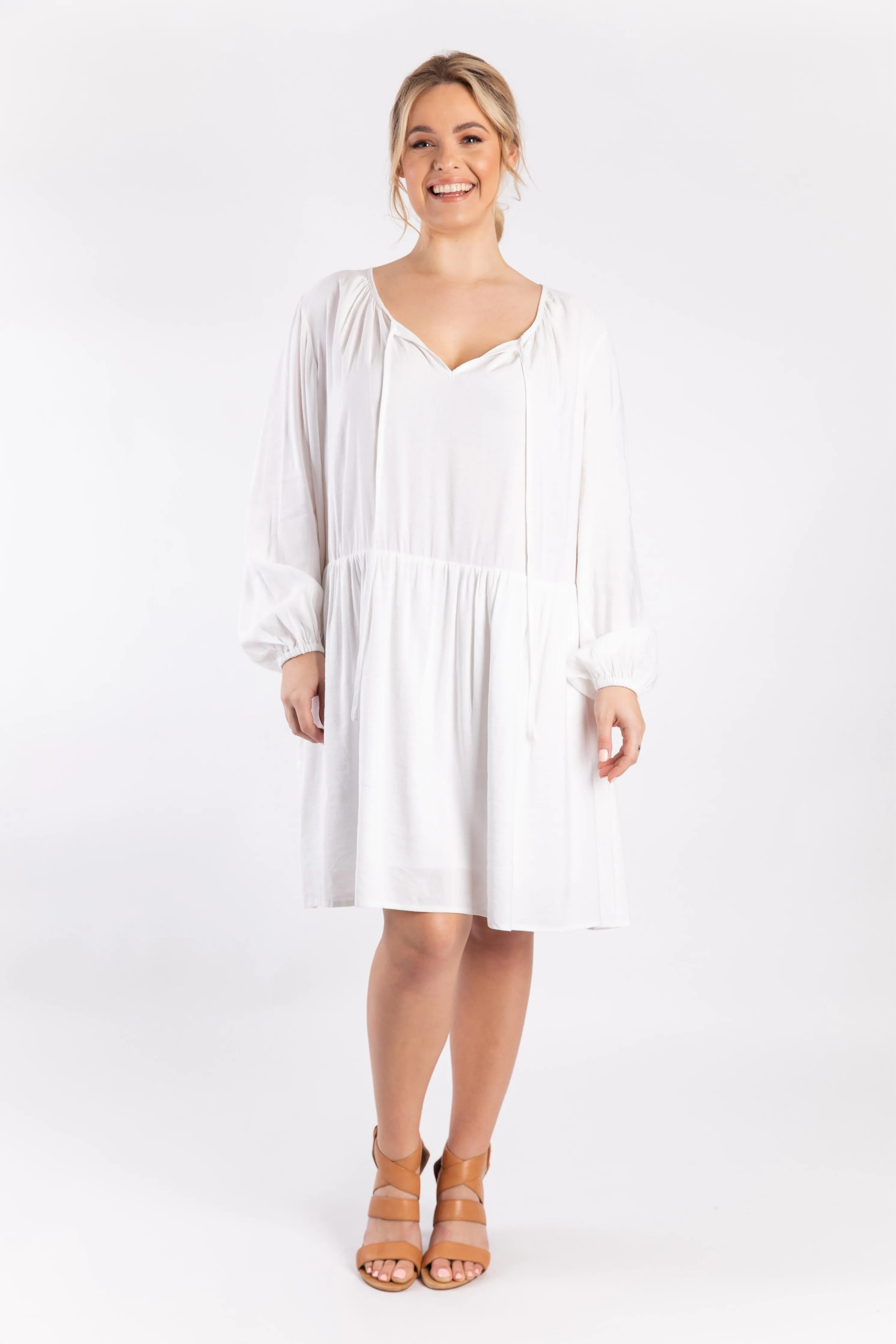 Long Sleeve Tie Front Midi Dress | White | FINAL SALE