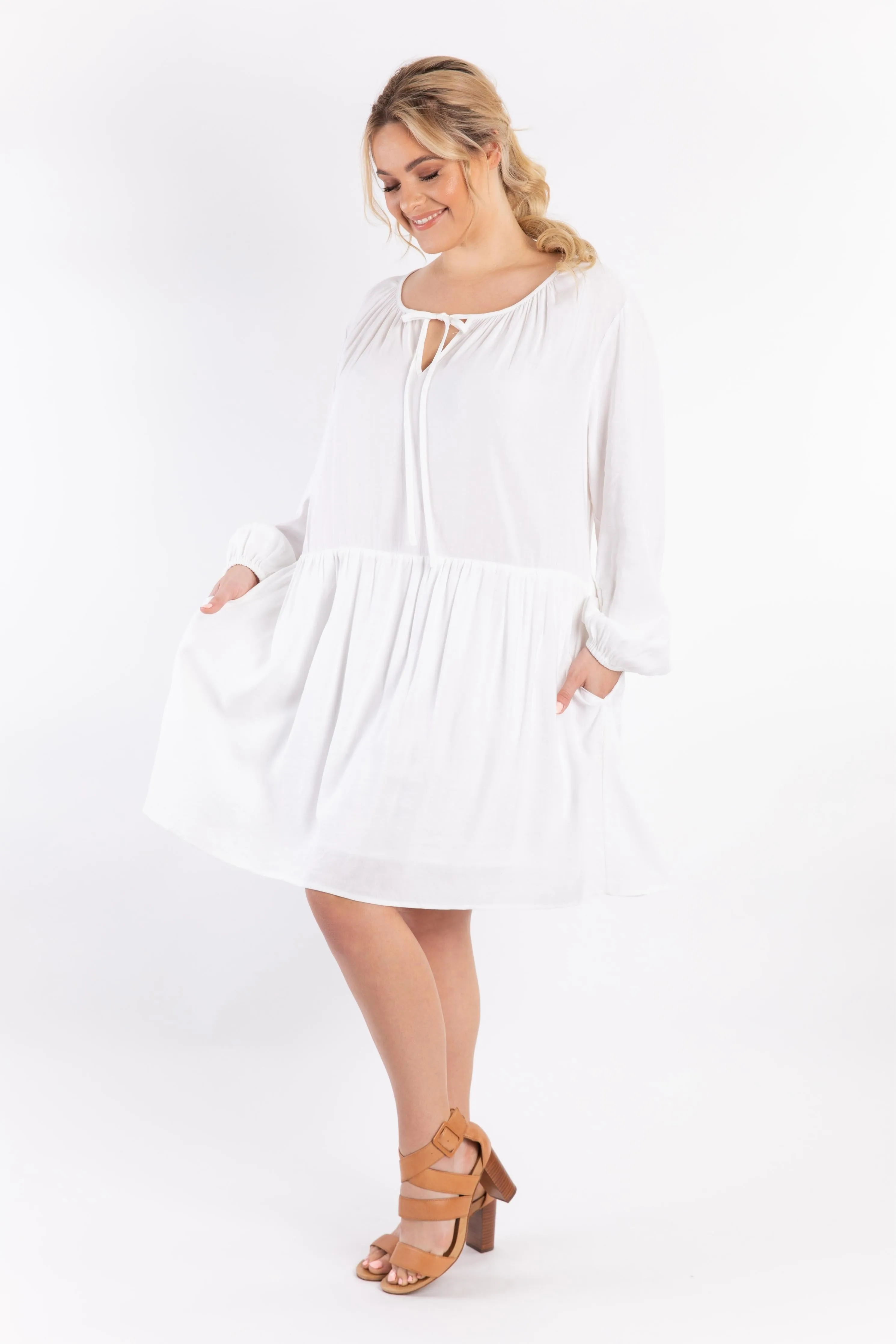 Long Sleeve Tie Front Midi Dress | White | FINAL SALE