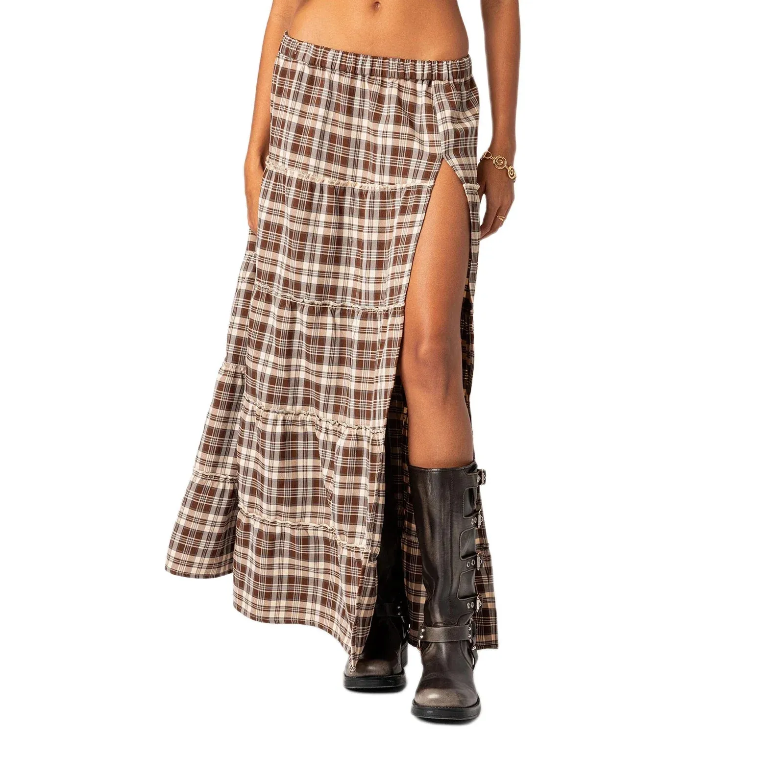 Long Vintage Elastic Waist Side Slit Tiered Midi Casual Flowy Black Trend Plaid Skirt