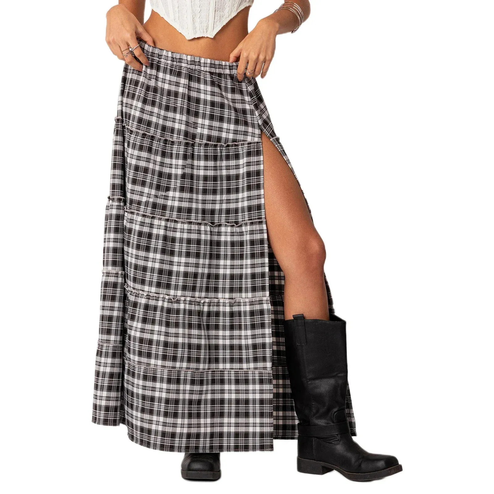 Long Vintage Elastic Waist Side Slit Tiered Midi Casual Flowy Black Trend Plaid Skirt