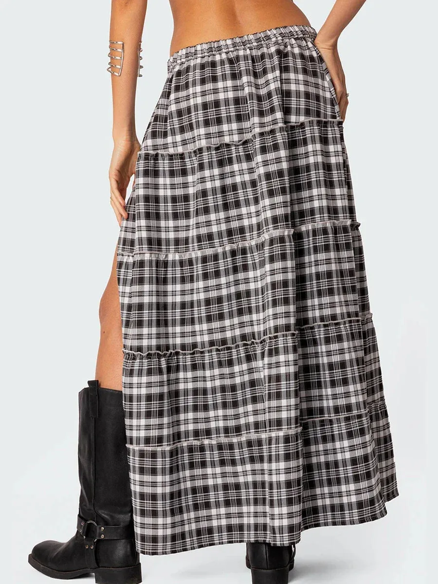 Long Vintage Elastic Waist Side Slit Tiered Midi Casual Flowy Black Trend Plaid Skirt