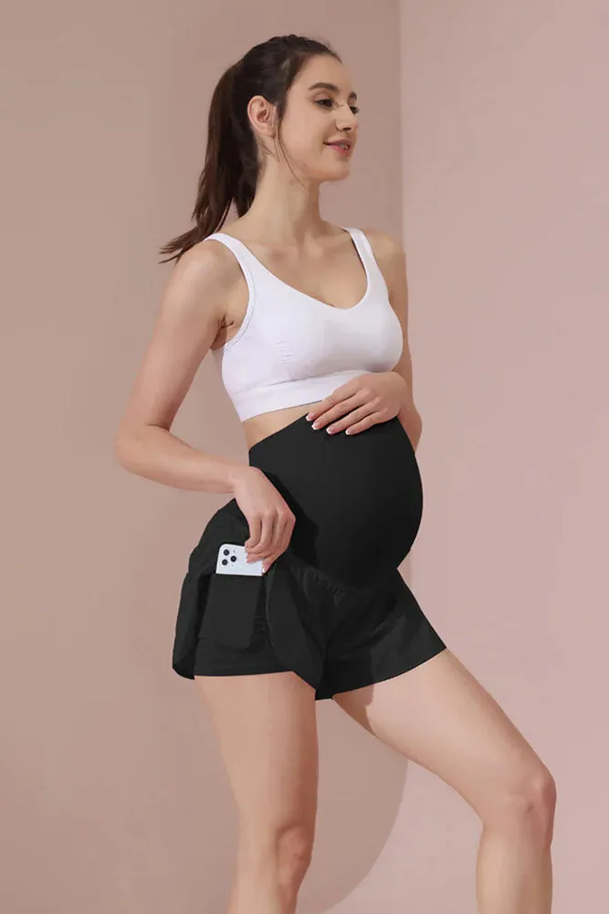 Maacie Black Women Maternity Layered Fast Drying Yoga Shorts with Liner Inner Pocket