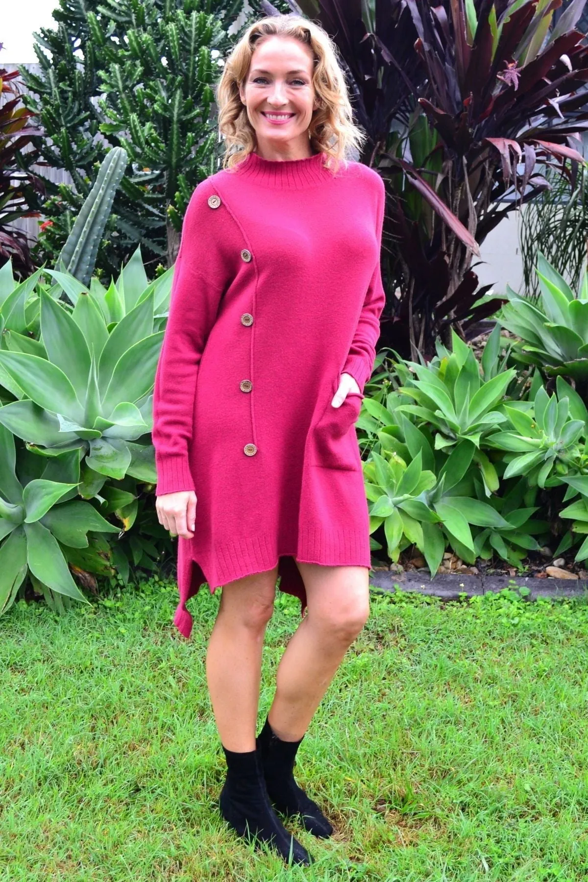 Magenta High Neck Cosy Knit Tunic Jumper