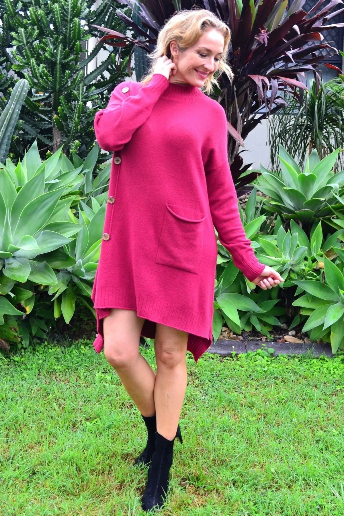 Magenta High Neck Cosy Knit Tunic Jumper