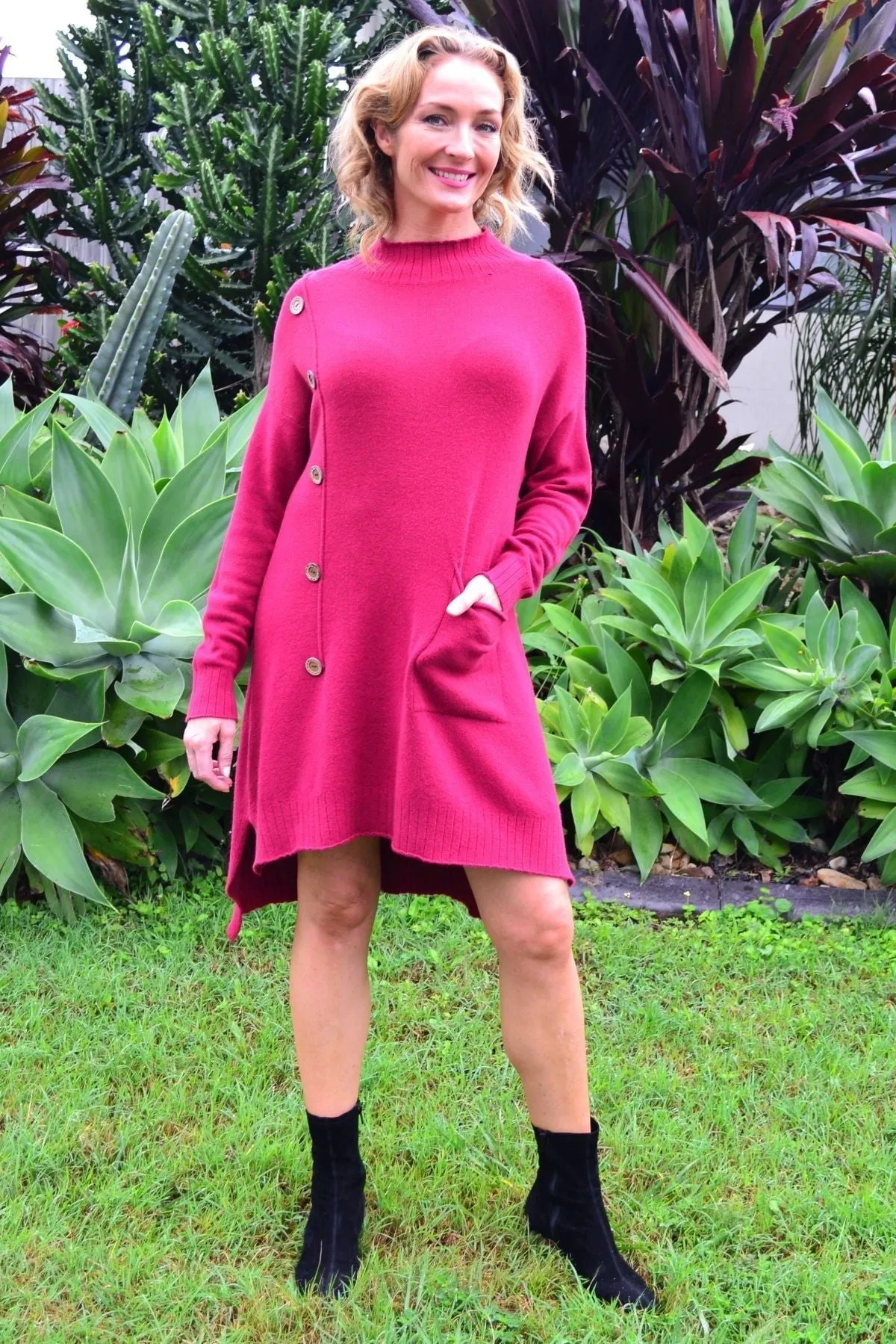 Magenta High Neck Cosy Knit Tunic Jumper