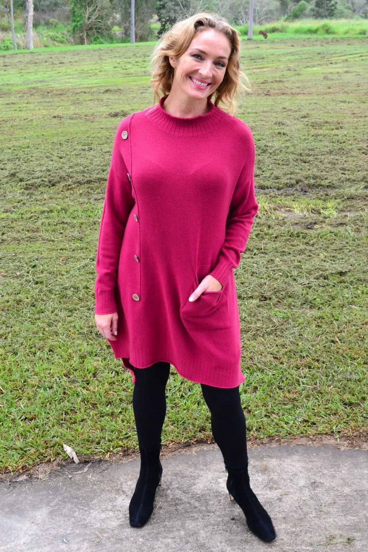 Magenta High Neck Cosy Knit Tunic Jumper