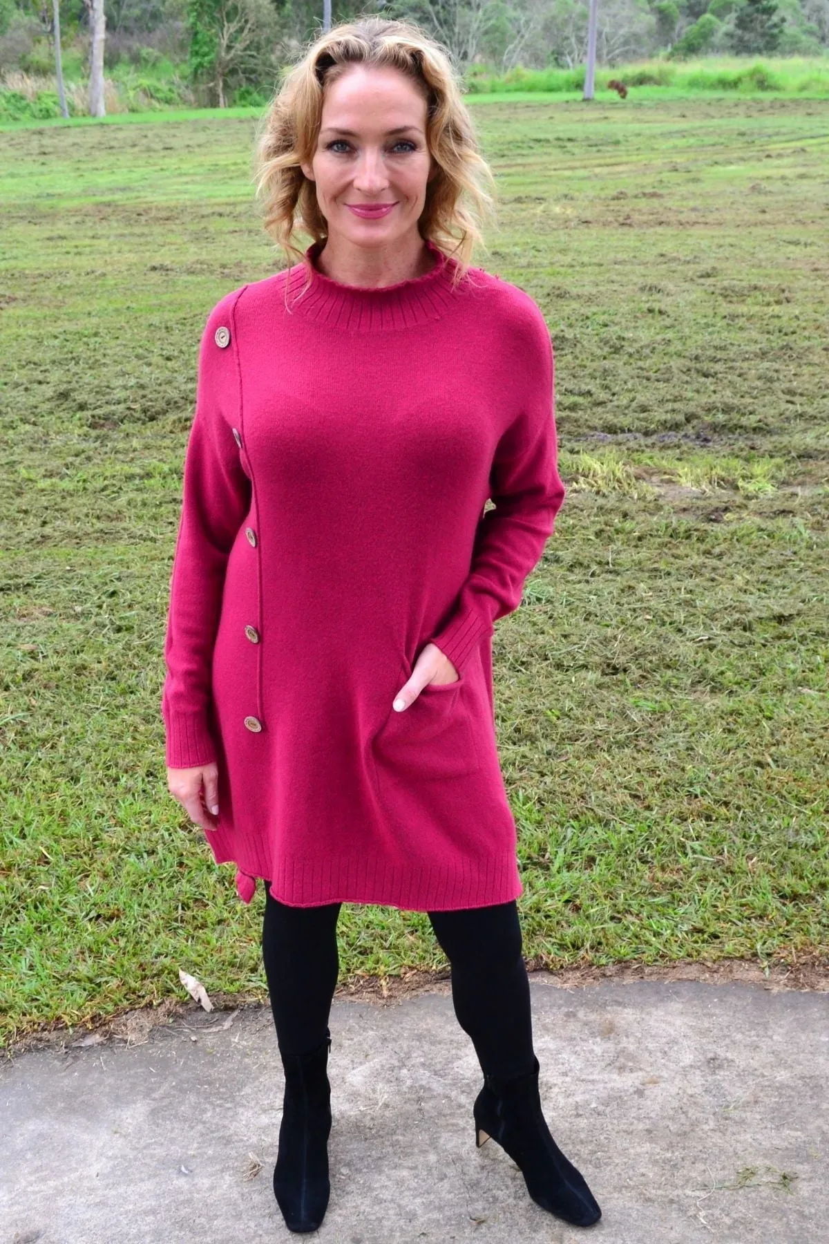 Magenta High Neck Cosy Knit Tunic Jumper