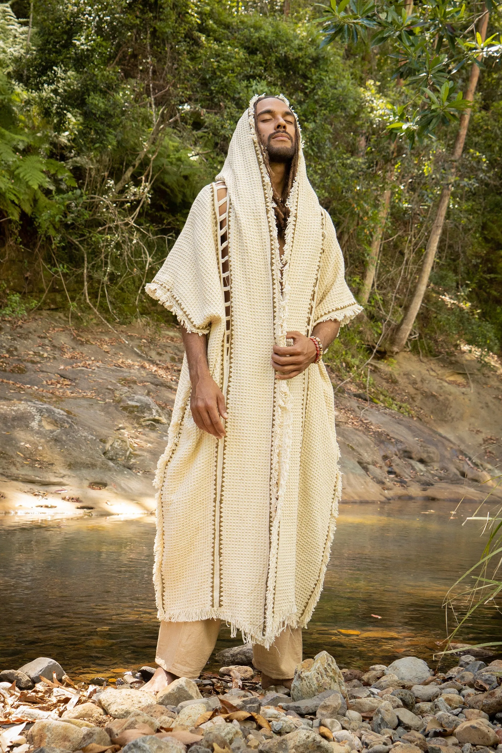 MAGOS WIZARD Long Mens Hooded Kimono Vest Ivory Beige Tribal Ritual Ceremony Gypsy Festival Magic Ritual Primitive Rave Boho Earthy AJJAYA