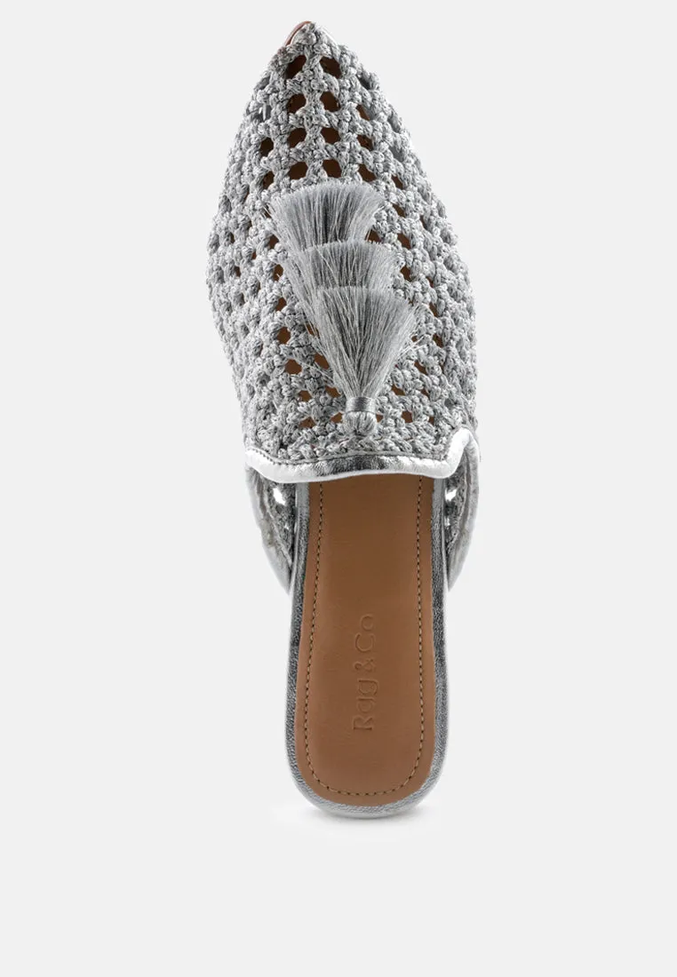 MELANIE Silver Tassels Embellished Woven Flat Mules