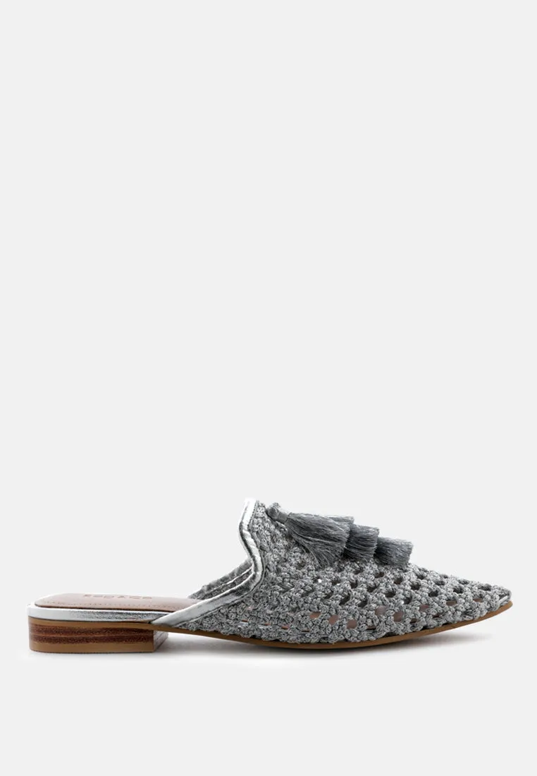 MELANIE Silver Tassels Embellished Woven Flat Mules