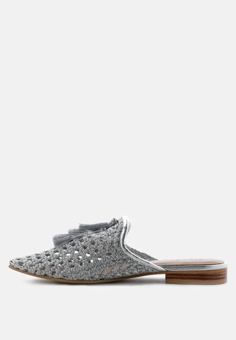 MELANIE Silver Tassels Embellished Woven Flat Mules