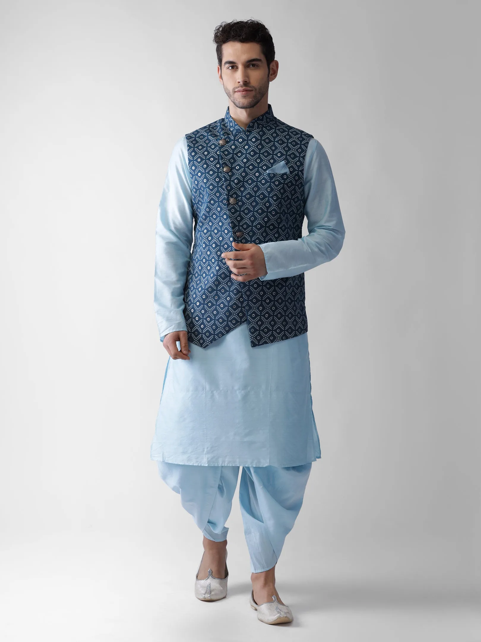 Men Blue Kurta Jacket Dhoti Set