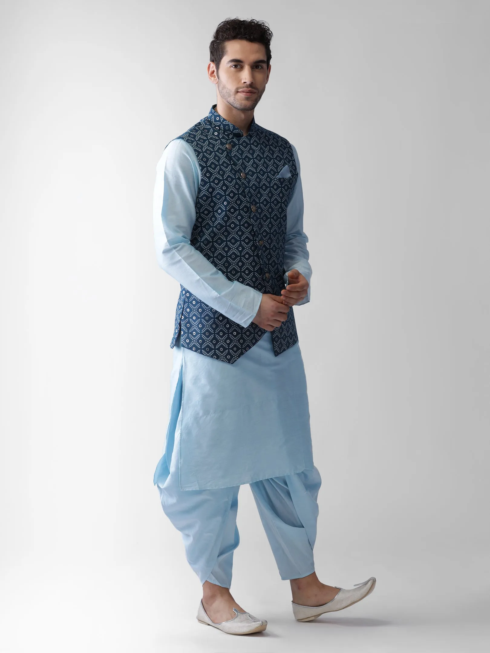 Men Blue Kurta Jacket Dhoti Set