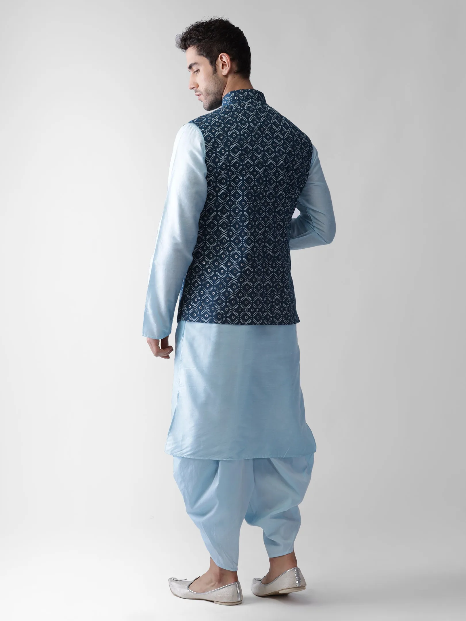 Men Blue Kurta Jacket Dhoti Set