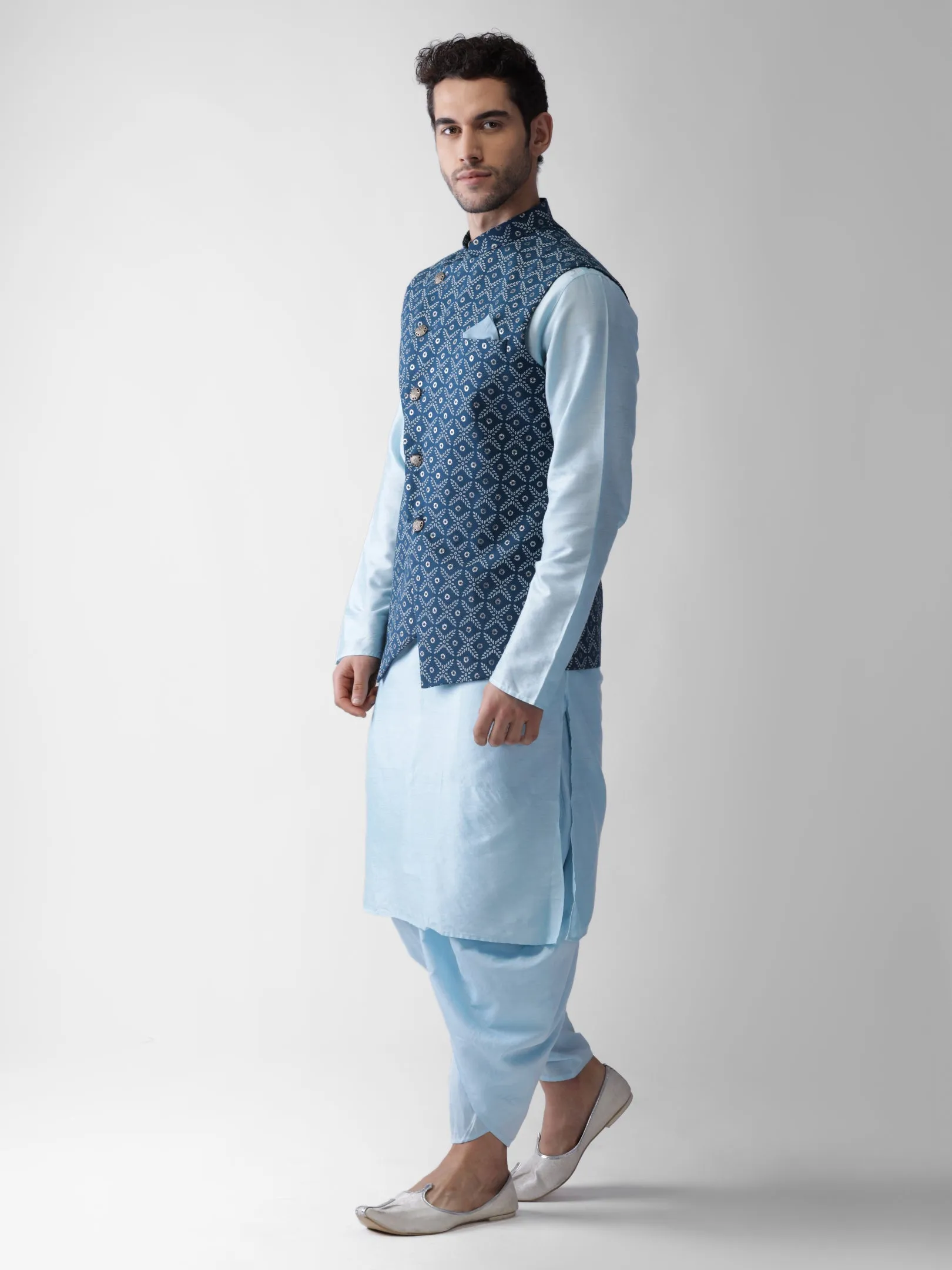 Men Blue Kurta Jacket Dhoti Set