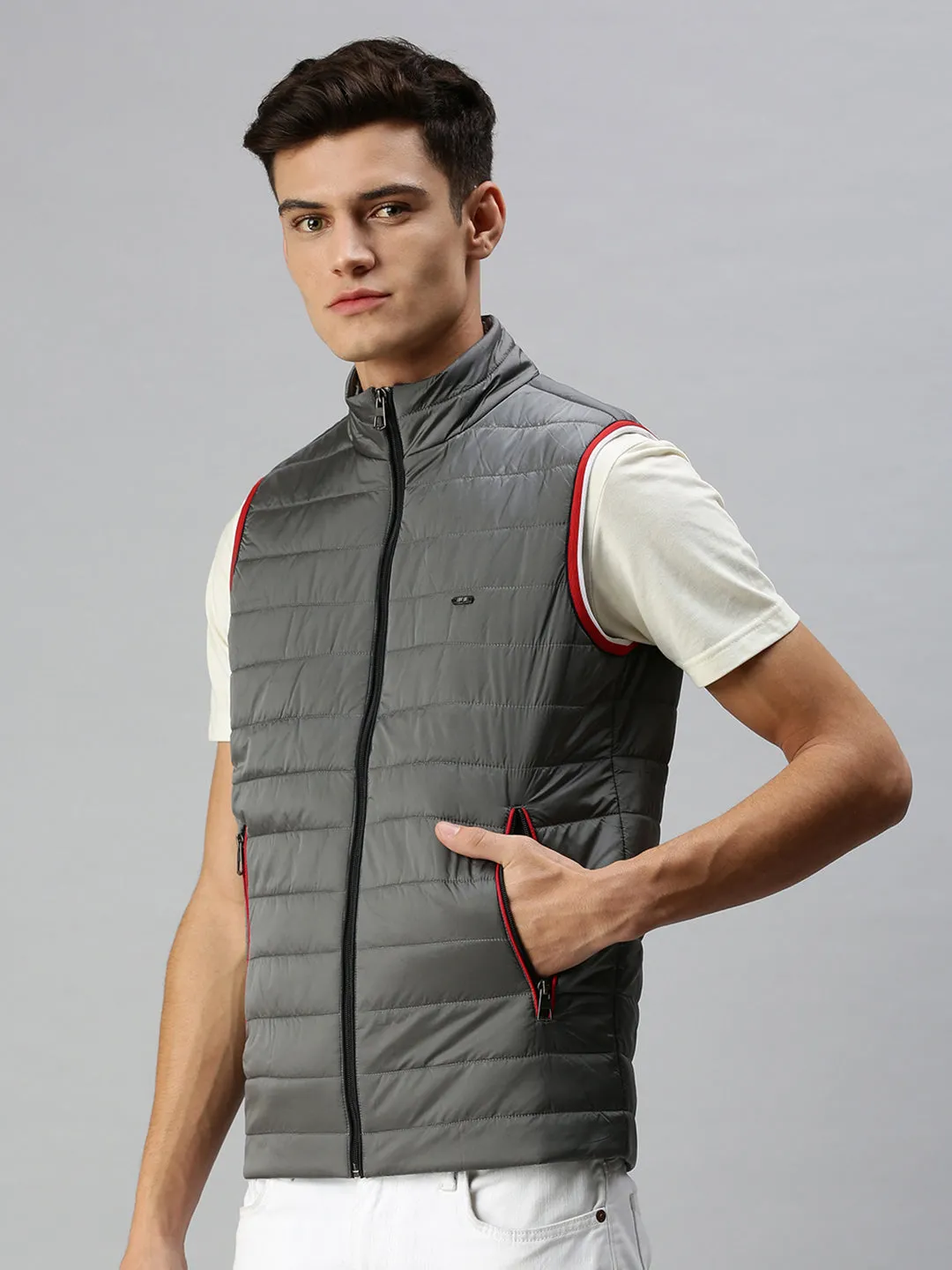 Men Solid Grey Padded Jacket