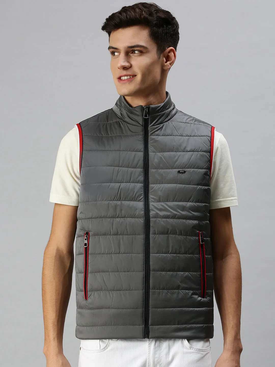 Men Solid Grey Padded Jacket