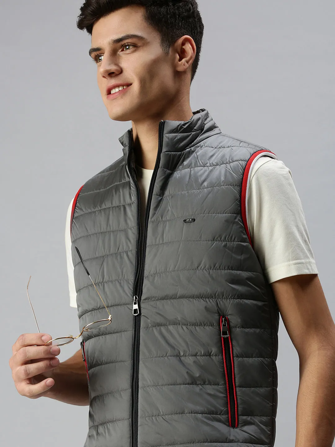 Men Solid Grey Padded Jacket