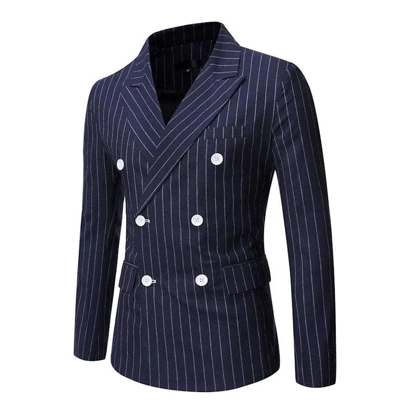 Men's Casual Striped Peak Lapel Double Breasted Blazer