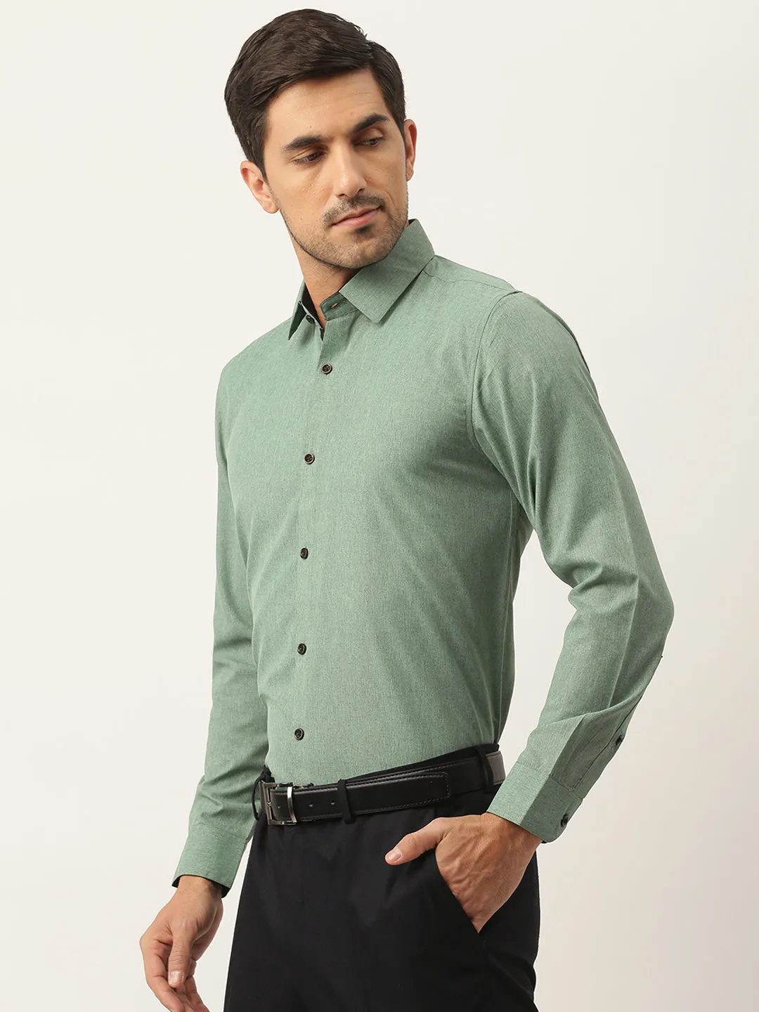 Men's Cotton Green Solid Formal Shirt - Sojanya