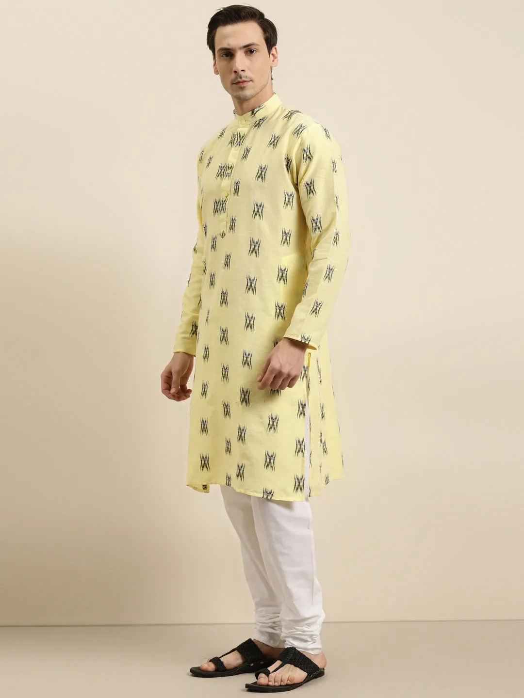 Men's Cotton Light Yellow & Black Kurta - Sojanya