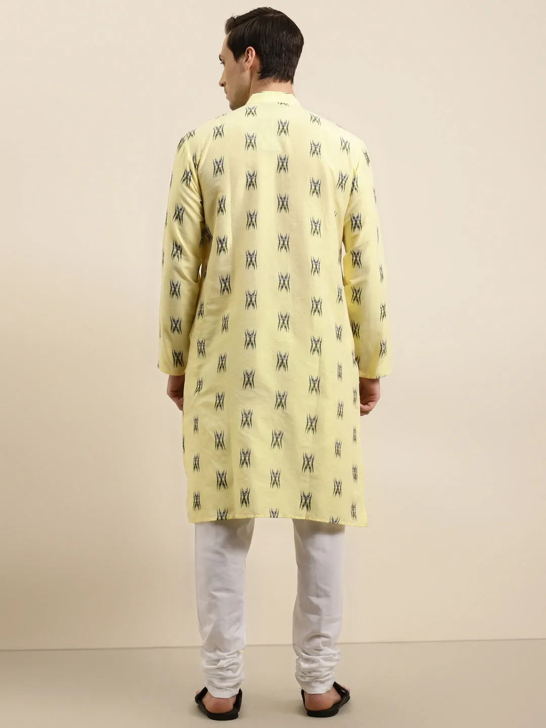 Men's Cotton Light Yellow & Black Kurta - Sojanya