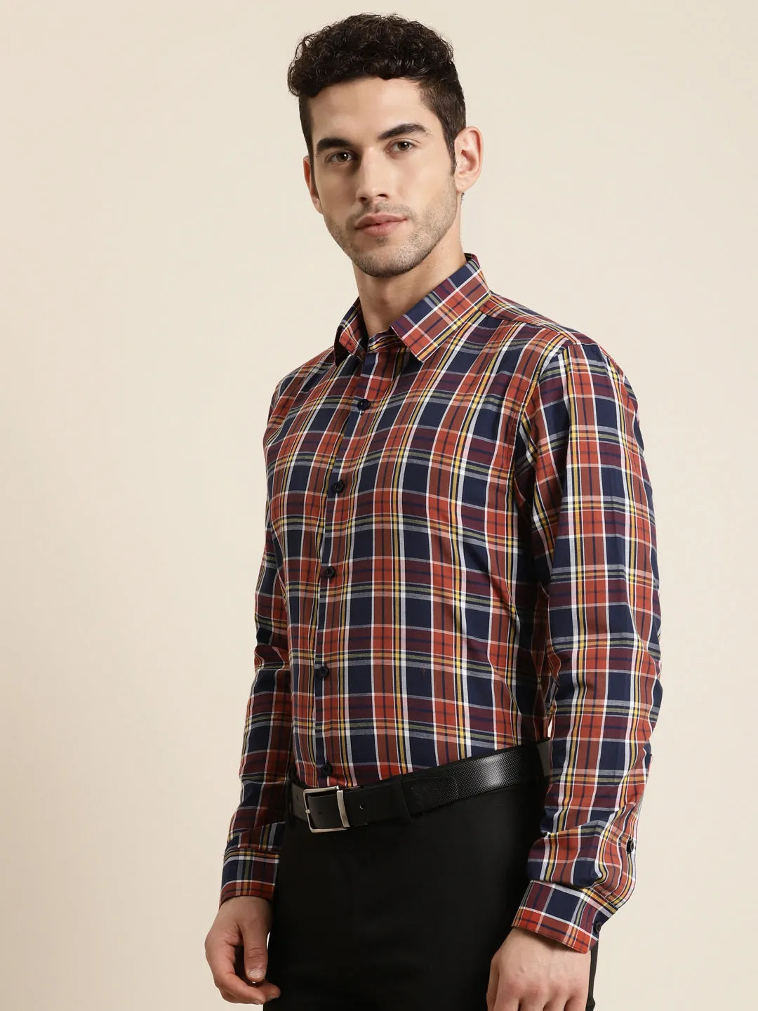 Men's Cotton Orange & Navy Blue Casual Shirt