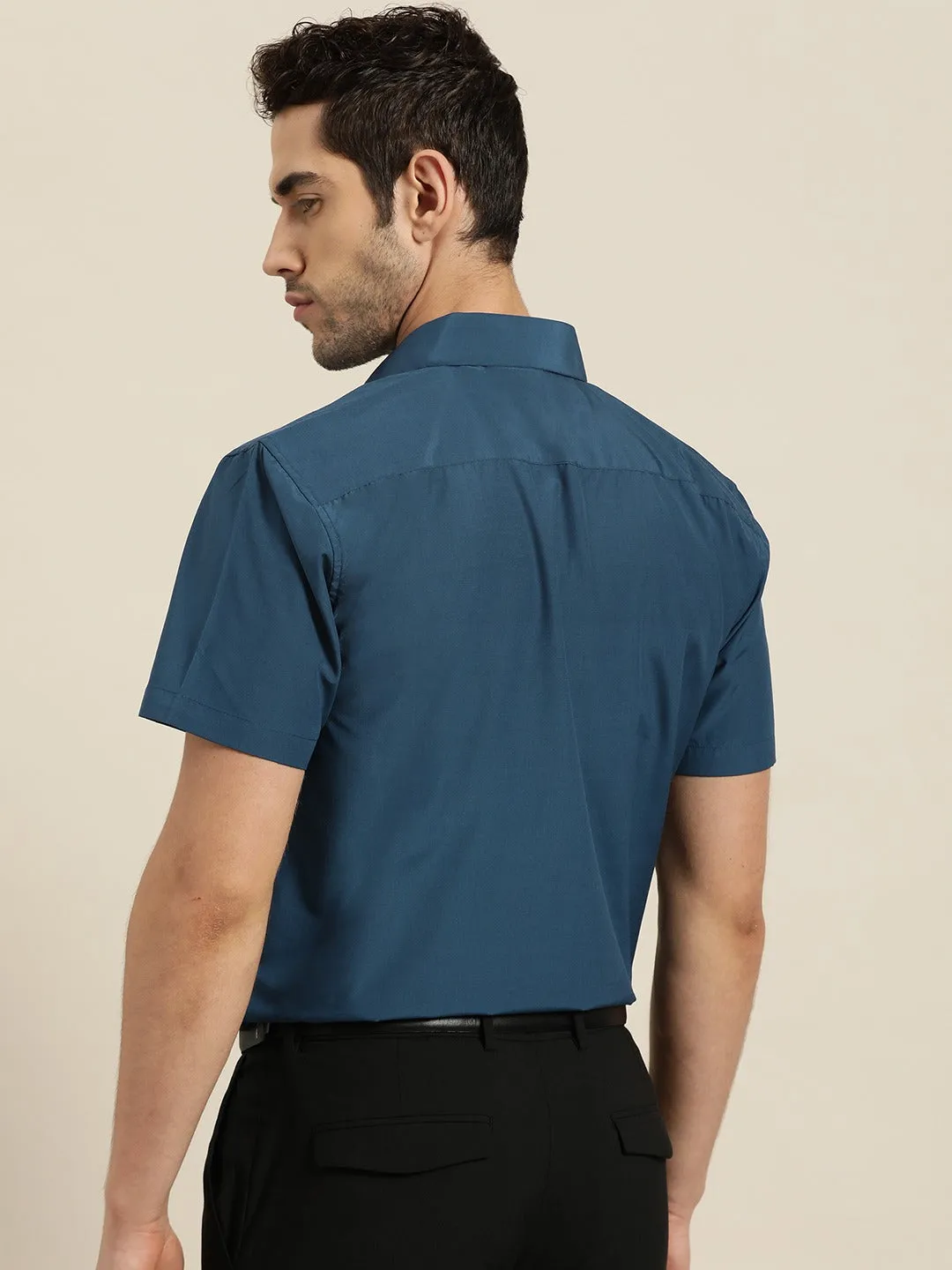 Men's Cotton Teal Blue Half sleeves Formal Shirt - Sojanya