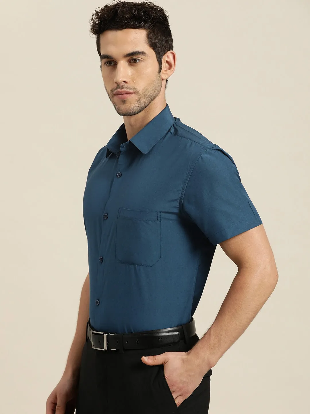 Men's Cotton Teal Blue Half sleeves Formal Shirt - Sojanya