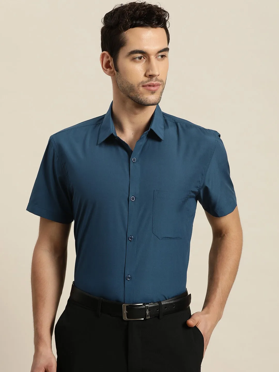 Men's Cotton Teal Blue Half sleeves Formal Shirt - Sojanya