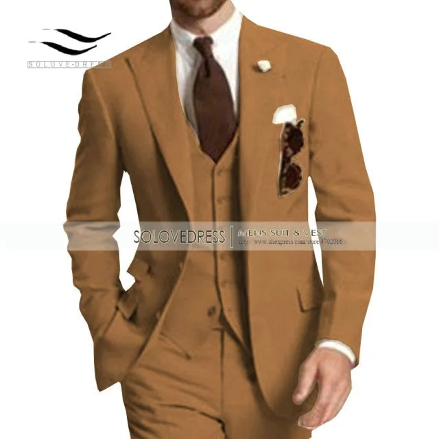 Men's Suit Formal Business Suits 3-Pieces Notch Lapel Solid Tuxedos Best Man For Wedding Groomsmen (Blazer vest Pants) Beige New