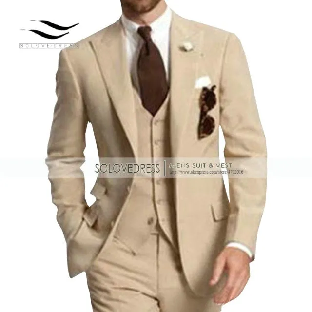 Men's Suit Formal Business Suits 3-Pieces Notch Lapel Solid Tuxedos Best Man For Wedding Groomsmen (Blazer vest Pants) Beige New