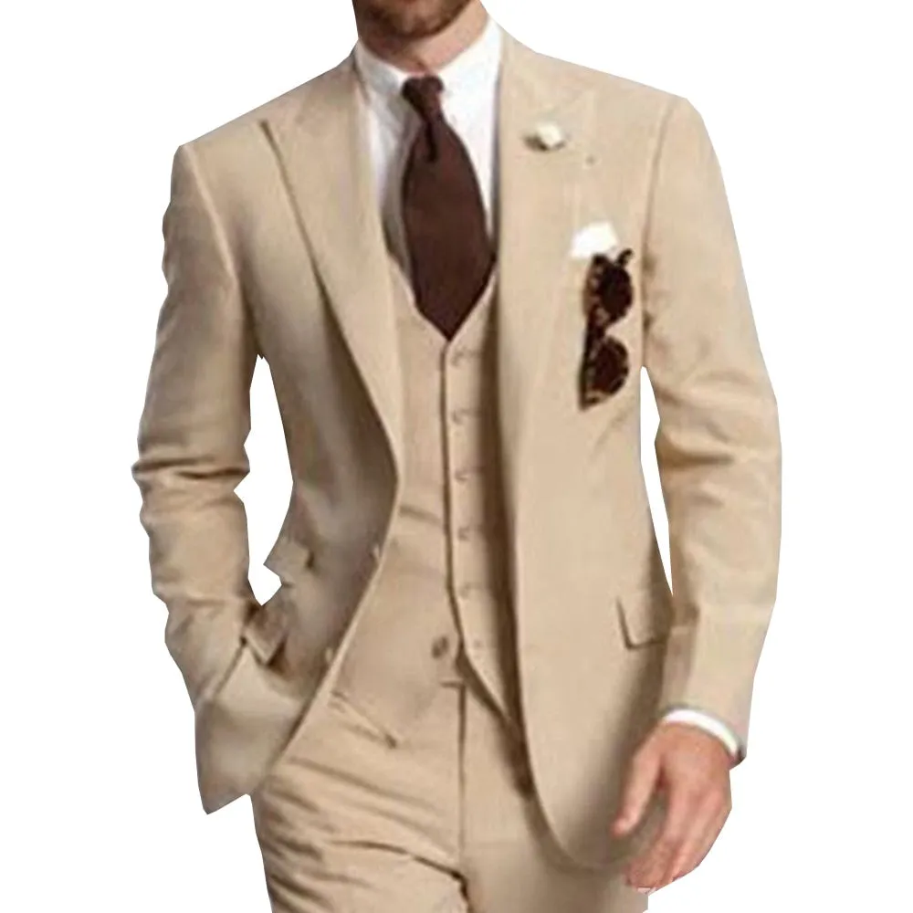 Men's Suit Formal Business Suits 3-Pieces Notch Lapel Solid Tuxedos Best Man For Wedding Groomsmen (Blazer vest Pants) Beige New