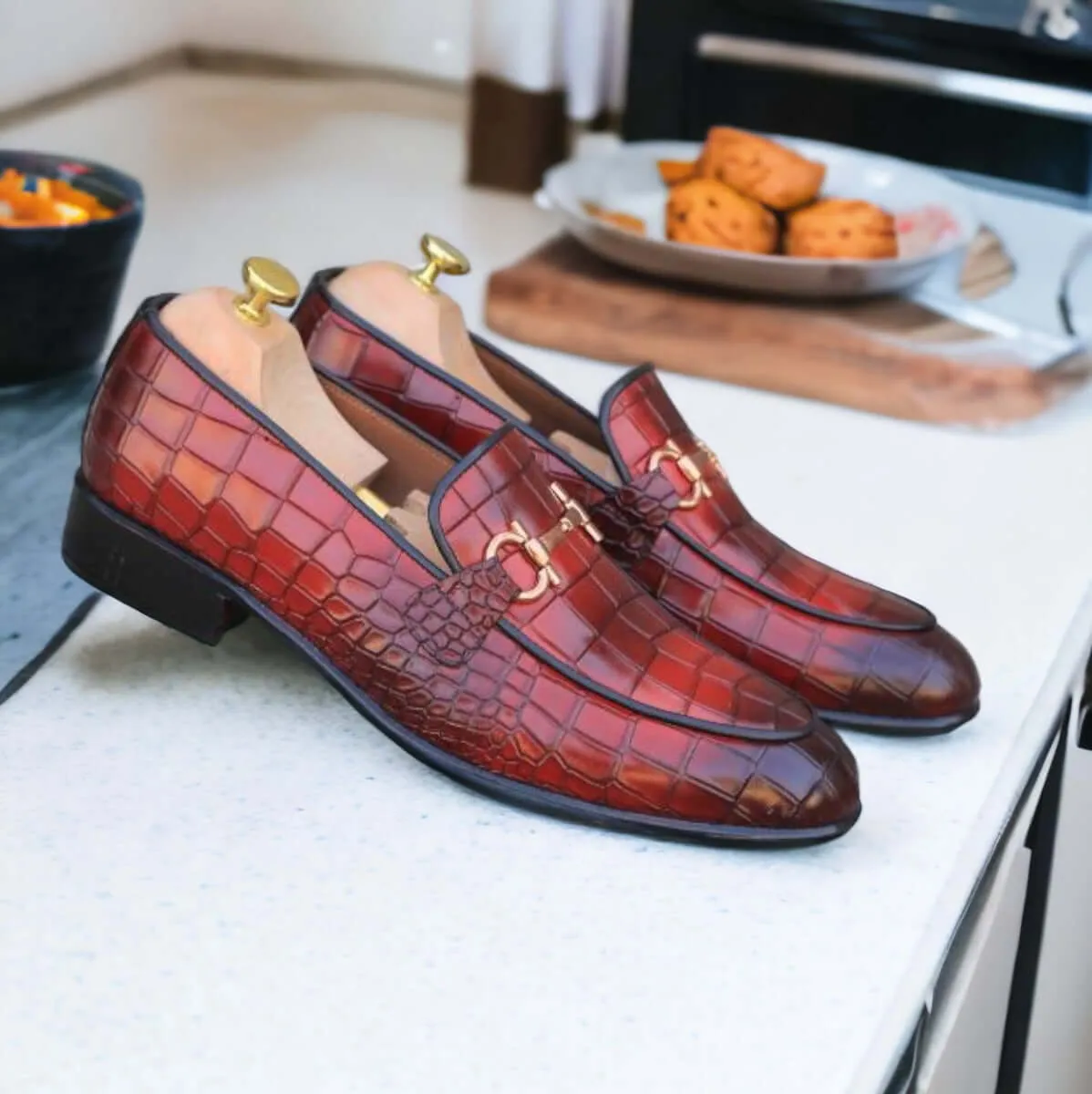 Men's Two Shaded Alligator Texture Shoes, Handmade Slip On Shoes, Horse Bit Style Shoes