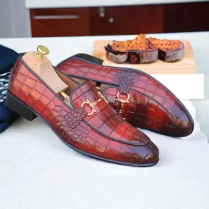 Men's Two Shaded Alligator Texture Shoes, Handmade Slip On Shoes, Horse Bit Style Shoes