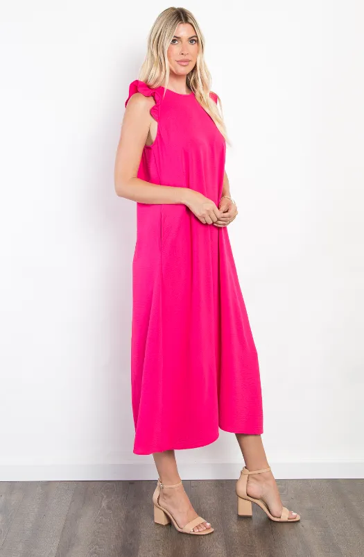 Mia Ruffle Sleeve Midi Dress - Hot Pink