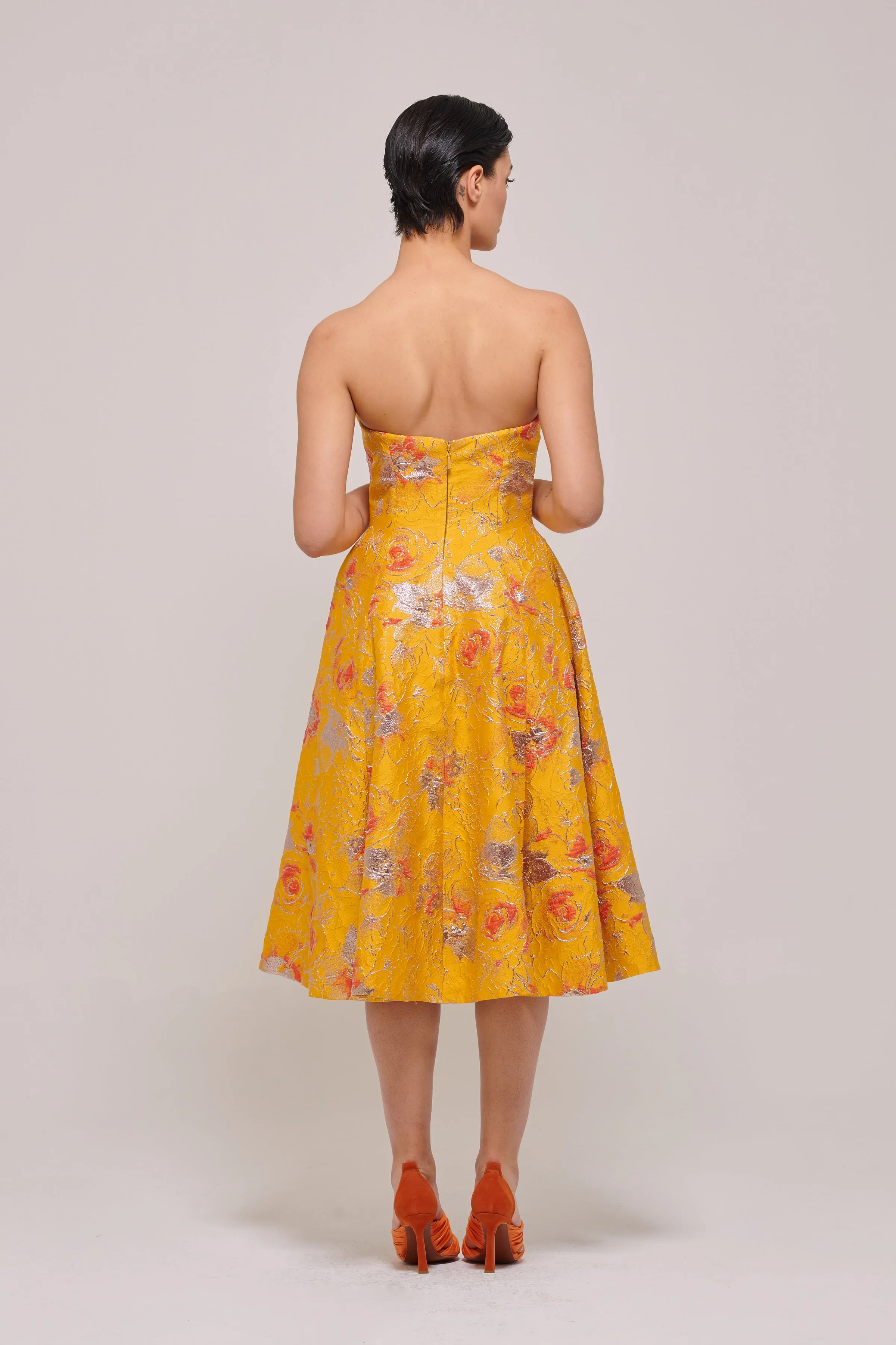 Midi Length Floral Mustard Dress