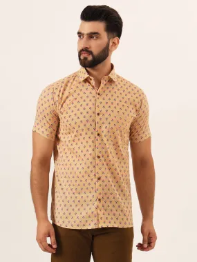 MILLENNIAL MEN Beige Printed Pure Cotton Regular Fit Casual Shirt