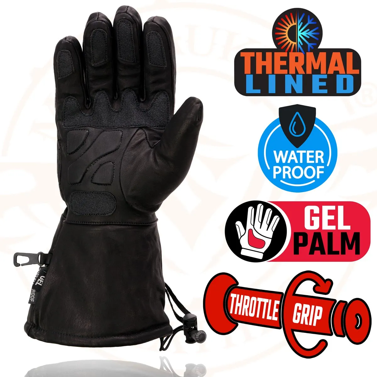 Milwaukee Leather Men's Black Gauntlet Motorcycle Hand Gloves-Black Leather Waterproof Gel Palm Soft Skin-SH292