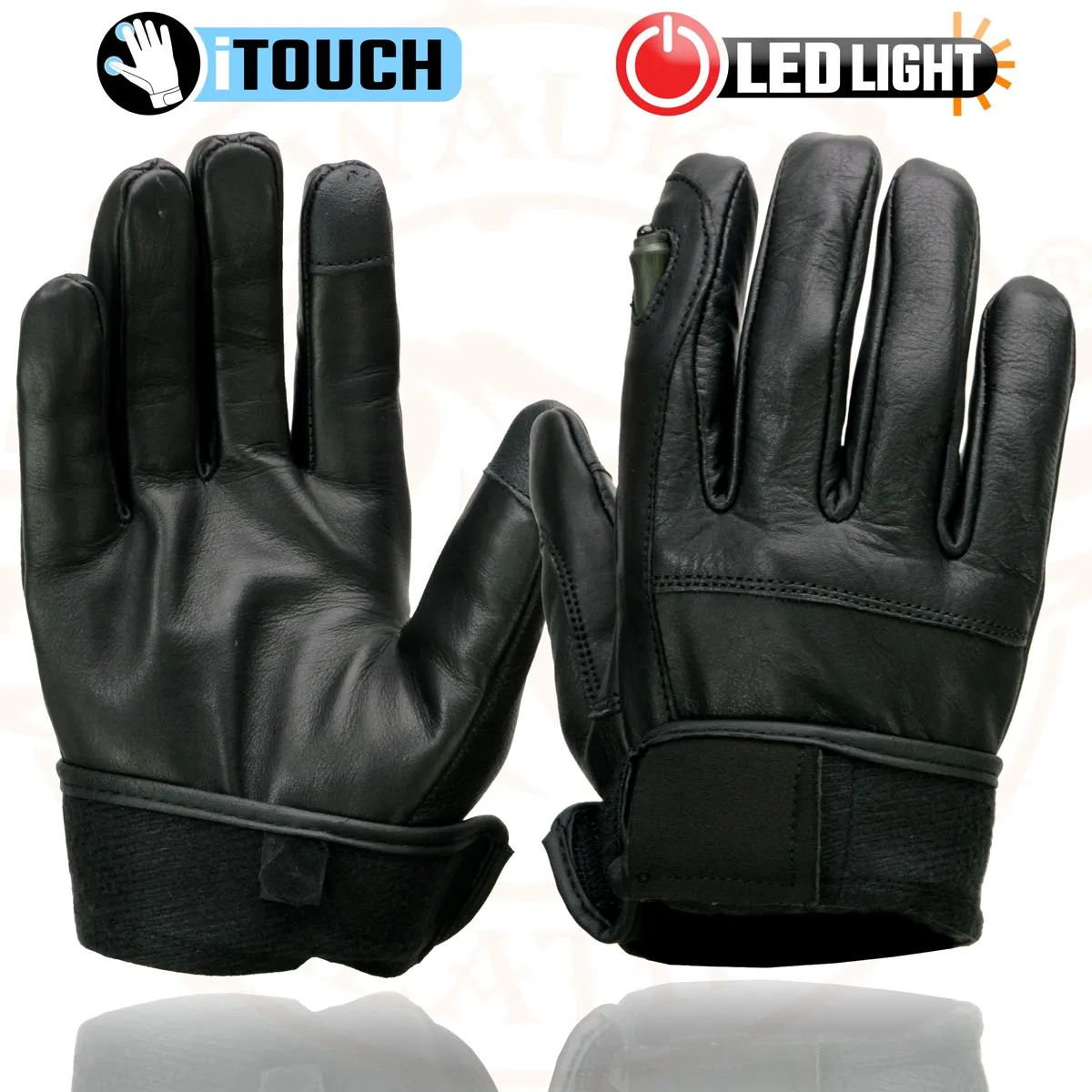 Milwaukee Leather MG7599 Men's Black Leather with i-Touch Screen Led Finger Light Motorcycle Hand Gloves