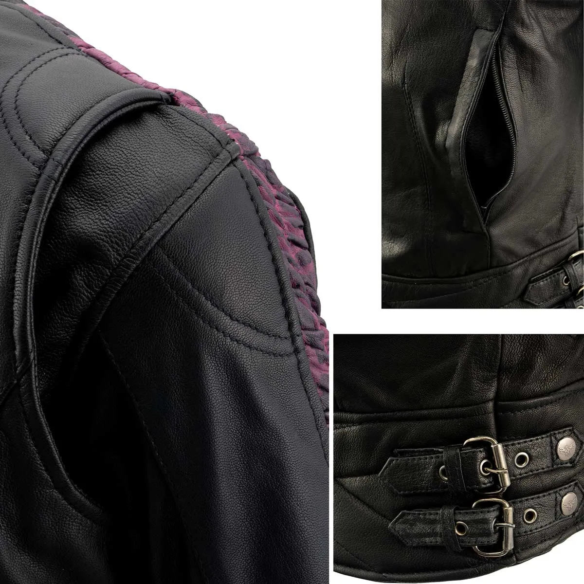 Milwaukee Leather MLL2571 Ladies Black and Purple 'Crinkled Arm' Lightweight Racer Jacket