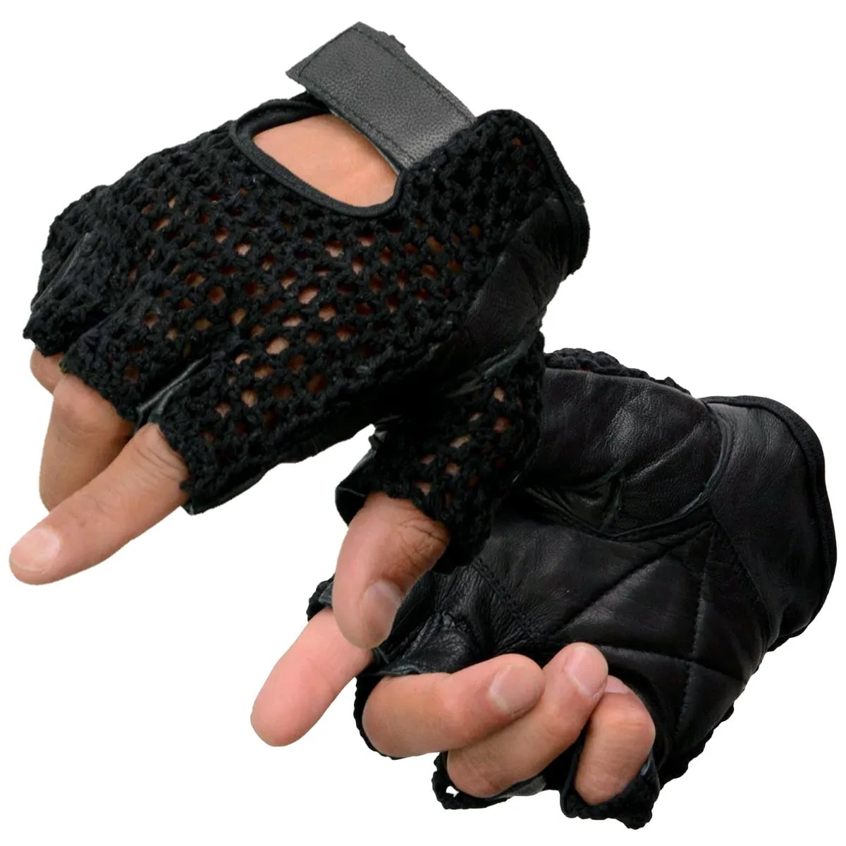 Milwaukee Leather SH219 Men's Black Leather Gel Padded Palm Fingerless Motorcycle Hand Gloves W/ Breathable ‘Mesh Material’