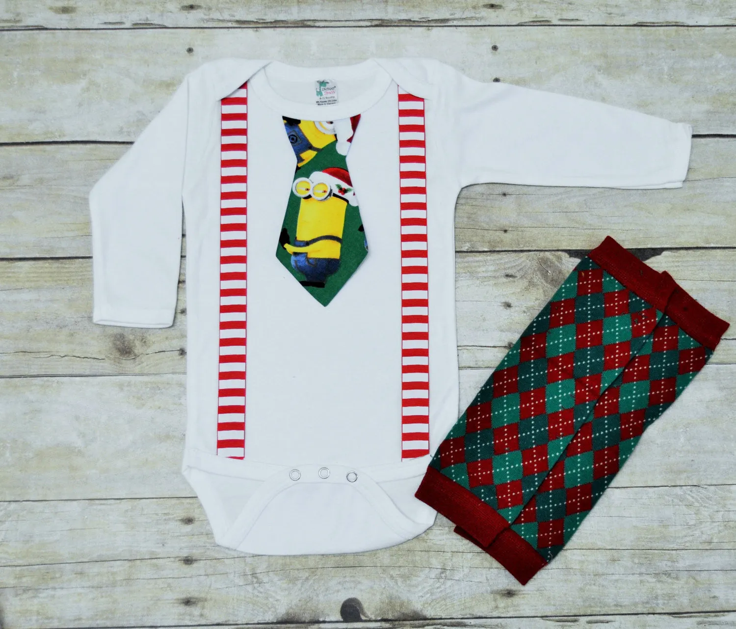 minions tie bodysuit, Christmas minions outfit, Santa minions, striped leg warmers, minions tie and suspenders, holiday minions bodysuit