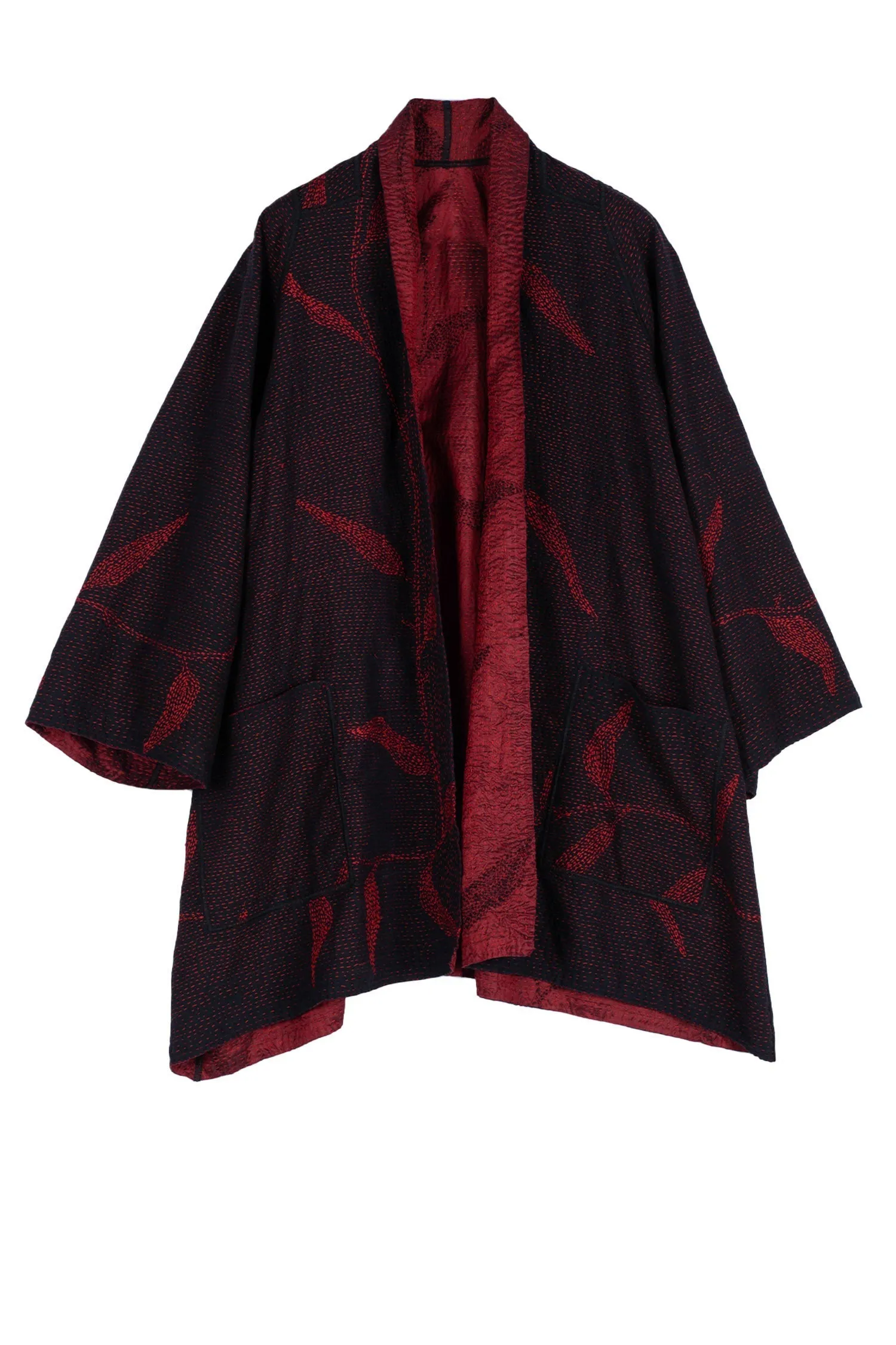 NIGHT BAMBOO SILK COTTON KANTHA A-LINE JKT - nb2003-red -