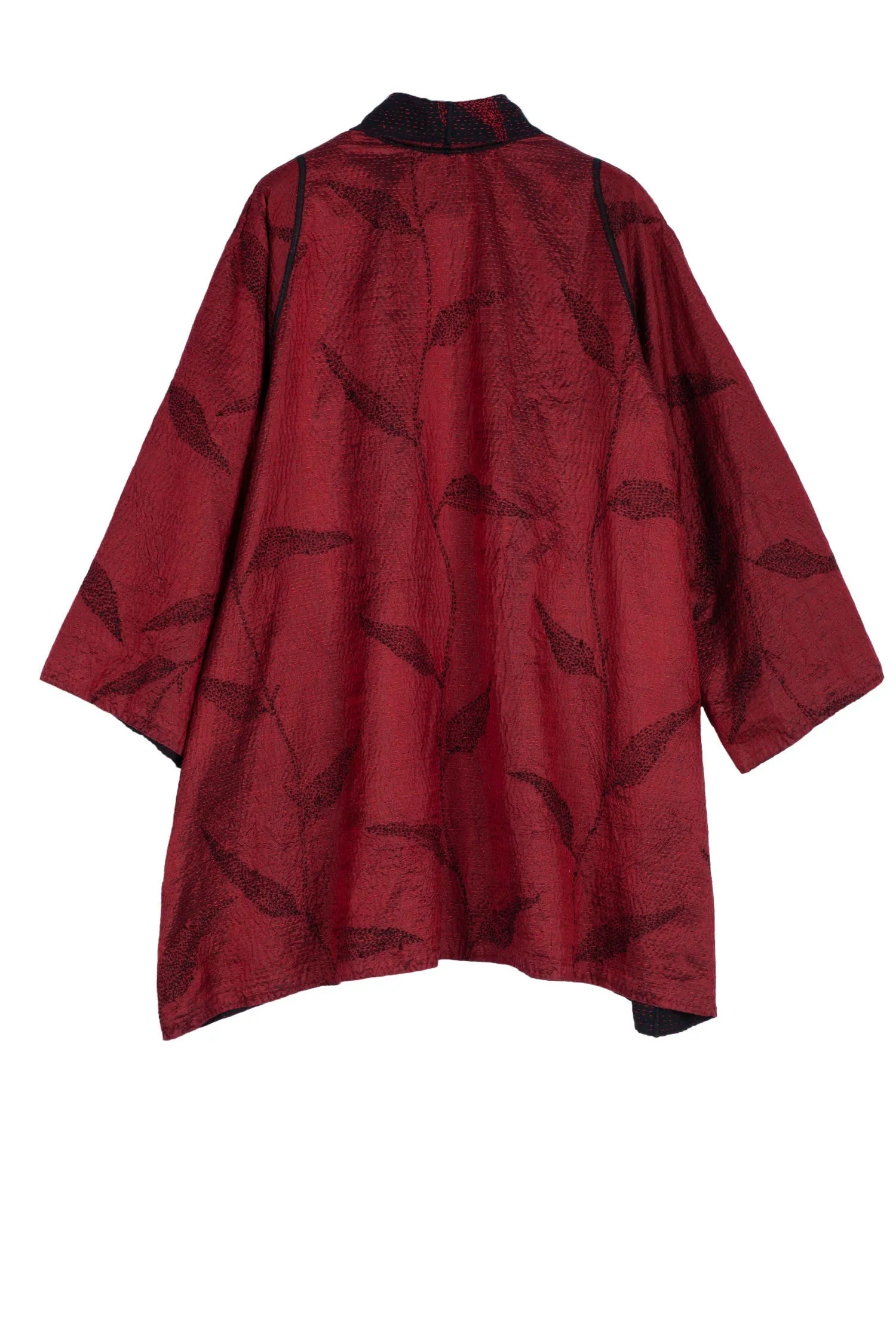 NIGHT BAMBOO SILK COTTON KANTHA A-LINE JKT - nb2003-red -