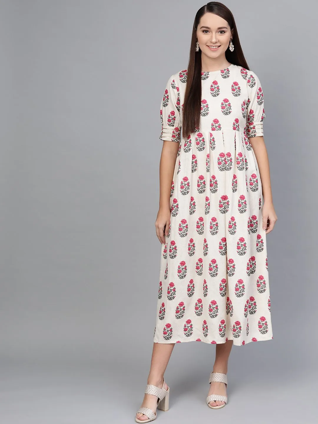 Off-White Multi Colored Buta Print Maxi Dress With Round Neck & Detailed Sleeves