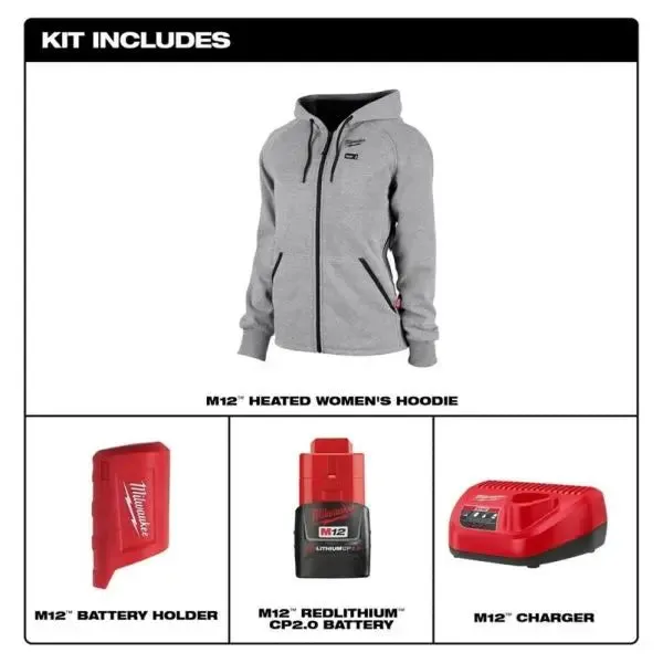 Open Box -  Milwaukee Tool Women's Medium M12 12V Li-Ion Cordless Gray Heated Hoodie/Sweater Kit w/ (1) 2Ah Battery and Charger