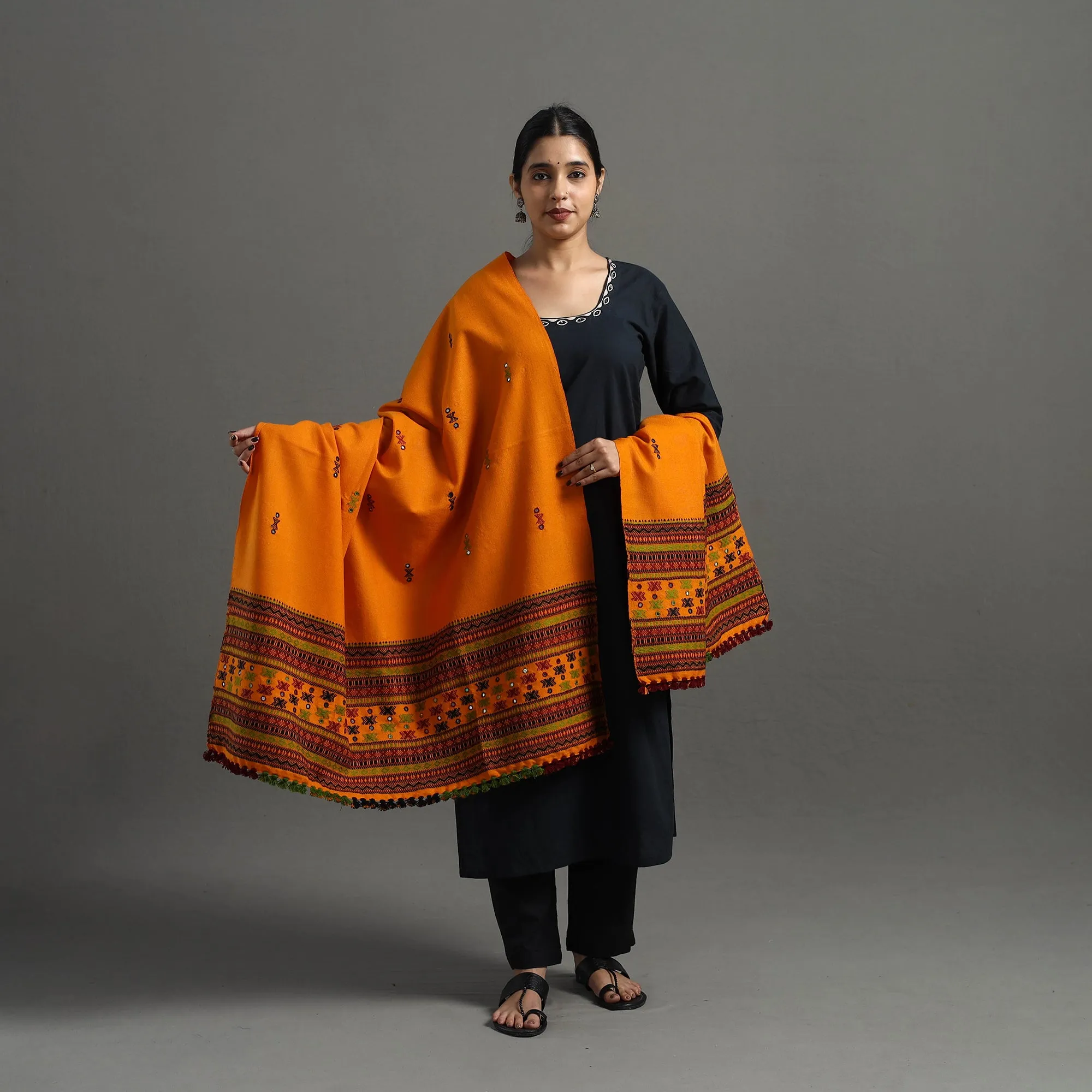 Orange - Kutch Handwoven Mirror Work Woollen Shawl 21