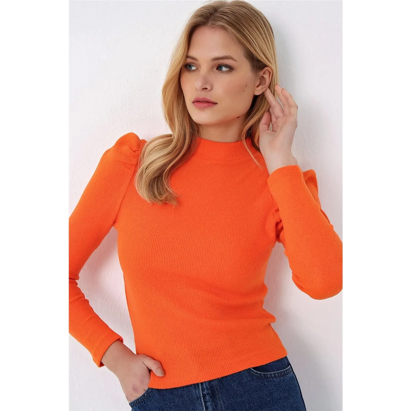 Orange Puff Shoulder Turtleneck Top